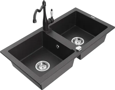 Produktbild von Mexen Mario 2-Becken-Granitspüle mit Mischbatterie Carla, Schwarz gesprenkelt - 6504-76-670700-76