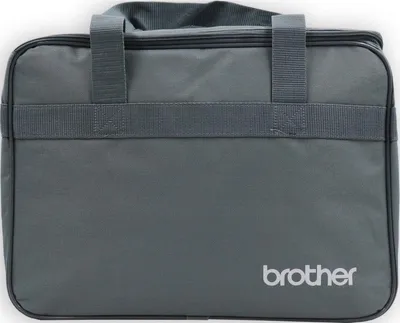 A close-up, front view of a gray Brother sewing machine carrying bag.