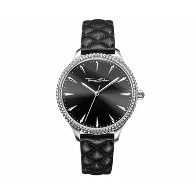 A studio shot of a Thomas Sabo analog watch with a black dial and a quilted black leather strap.