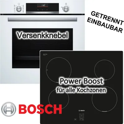 Produktbild von BOSCH Herdset AirFry 71l weiß 3D Heißluft EcoClean Direct SoftOpen Versenkknebel + Induktionskochfeld 60cm Autark Glaskeramik PowerBoost
