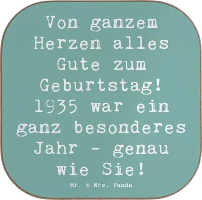 Produktbild von Mr. & Mrs. Panda Untersetzer Glas Spruch 1935 Geburtstag - Meeresbrise - Geschenk, Herzliche Grüße, Alter, Nostalgie, Getränkeuntersetzer, Jahrgang, Geburtstagsgeschenk