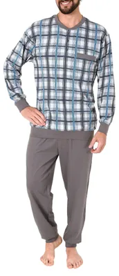 Produktbild von Herren Pyjama Schlafanzug langarm mit Bündchen und Knopfleiste am Hals in Karo Optik ; grau , 50