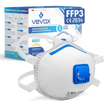 Produktbild von VEVOX® FFP3 Maske mit Ventil – 5er, 10er oder 20er Set – Staubmaske – Atemschutzmaske – Staubschutzmaske – Feinstaubmaske – Atemschutz