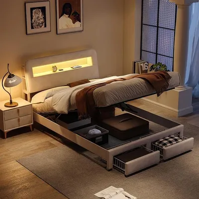 Image de Lit double avec sommier à lattes, dimensions 160x200, équipé de 2 tiroirs, éclairage LED et station de charge. Lit de rangement pour adolescents, structure de lit avec sommier à lattes, tête de lit avec espace de rangement, revêtement en velours, sans matelas, couleur beige