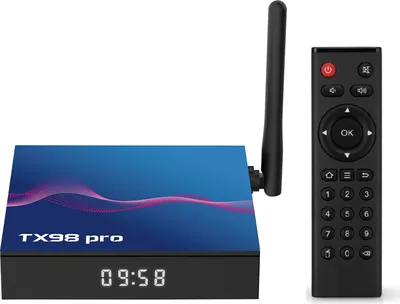 A smart TV box and its remote control are displayed against a white background.