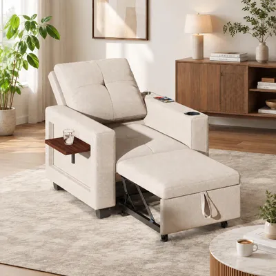 Immagine prodotto di Divano letto INONEFT 3 in 1 con funzione letto, poltrona reclinabile con schienale regolabile in 5 posizioni, porta USB e tavolino laterale pieghevole, in tessuto chenille, color beige, productTiles.product.images.aiGenerated