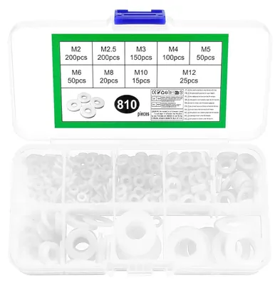 Immagine prodotto di Set di 810 rondelle in nylon, colore bianco, per viti da M2 a M12, distanziatori in plastica piatta