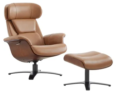 Produktbild von CHITA Echtleder Relaxsessel mit Fußhocker, 360° drehbar, Liegefunktion, bis 159 kg belastbar, (Braun)
