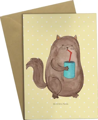 Produktbild von Mr. & Mrs. Panda Grußkarte Katze Dose - Gelb Pastell - Geschenk, weihnachtskarten, Katzen, Cat, Durstig, Cats, einladungskarten, Grußkarten, Klappkarte, vatertagskarte