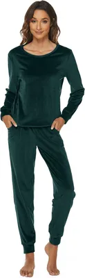 Productafbeelding van Dames huispakset van fluweel in groen, tweedelig met trui met ronde hals en lange broek