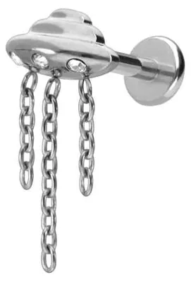 Produktbild von Ohrpiercing, Nasenpiercing Titan Labret mit Push Fit UFO + KETTE + KRISTALLE Silber Stablänge: 6mm | Stabstärke: 1,2mm
