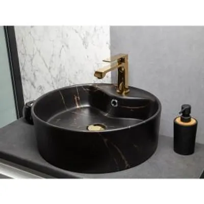 Zdjęcie produktu dla Umywalka nablatowa KERRA KR-138 Marble BL/G, ceramiczna, czarno-złota, okrągła, 46 cm
