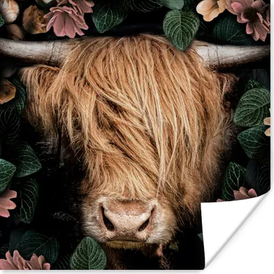 Produktbild von MuchoWow® Poster Schottischer Highlander - Blumen - Kuh 75x75 cm - Wand Dekoration