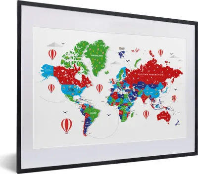 Produktbild von MuchoWow® MuchoWow® Gerahmtes Poster Weltkarte - Farben - Luftballon 40x30 cm - Poster mit zchwarzem Bilderrahmen - Bilderrahmen - Poster im Rahmen