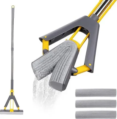 Zdjęcie produktu dla Zestaw Unyqoos® 130 cm z mopem z gąbki PVA – 3 superchłonne główki z gąbki, stalowa rączka, funkcja wyciskania z mechanizmem katapultowym, idealny do płytek, laminatu i parkietu