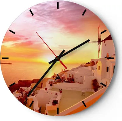 Produktbild von Wanduhr - Rund - Glasuhr - Santorini Griechenland Urlaub - 40x40cm - Schleichendes Uhrwerk - Lautlos - zum Aufhängen bereit - Dekoration Modern - Wanddekoration aus Glas - C3AR40x40-2691