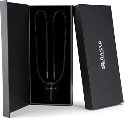 Obrázok produktu pre SERASAR | Pánsky Náhrdelník z Pravej Kože [Cross] z Stainless Steel | Farba: Čierna | Dĺžka: 50cm