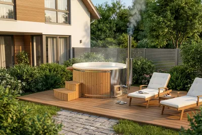 Produktbild von FinnTherm Holz Badefass Stockholm aus Thermoholz, Hot Tub Ø 200 cm, 8 Personen, inkl. Edelstahl-Ofen (30 kW), Minibar, Schwimmbecken, Badebottich, Sprudelbad