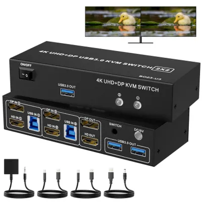 Image de Commutateur KVM USB 3.0 avec HDMI et DisplayPort pour 2 ordinateurs, résolution 4K