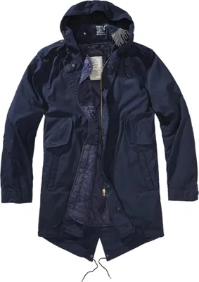 A navy blue parka jacket is shown laid flat against a white background.