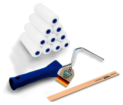 Produktbild von Lackierset 12-teilig - mit 10x abgerundeten Schaum-Lackierwalzen 11 cm, ergonomischem Farbroller-Bügel und Rührholz, für alle Lacke und Kreidefarben