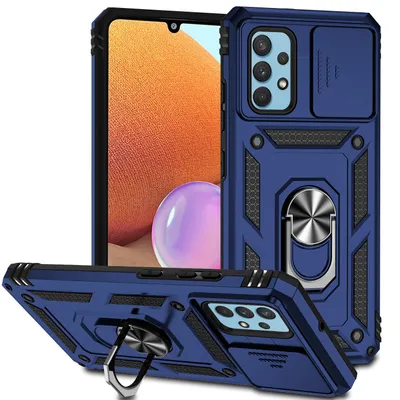 Immagine prodotto di Custodia per Samsung Galaxy A32 4G a doppio strato con copertura scorrevole della fotocamera e supporto ad anello blu