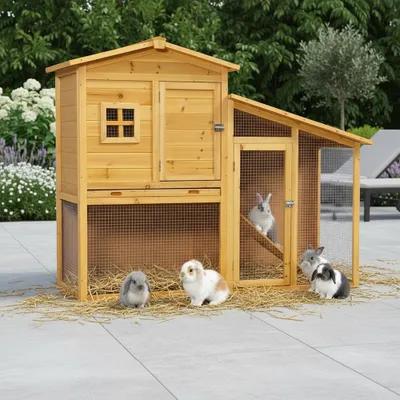 Several rabbits are gathered around and inside a wooden hutch on a paved patio, with greenery in the background.