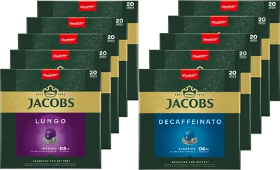 Produktbild von JACOBS Kapseln Nespresso®* kompatibel  5x20 Lungo 8 Intenso+ 5x20 Decaffeinato 6