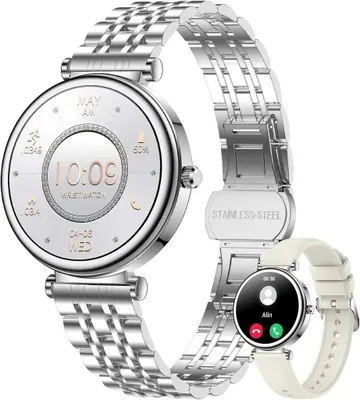Produktbild von Elegante Smartwatch Damen mit Telefonfunktion 2026 Silber rund mit Herzfrequenz und SpO2 für Android und iOS Geräte wasserdicht mit Edelstahlarmband
