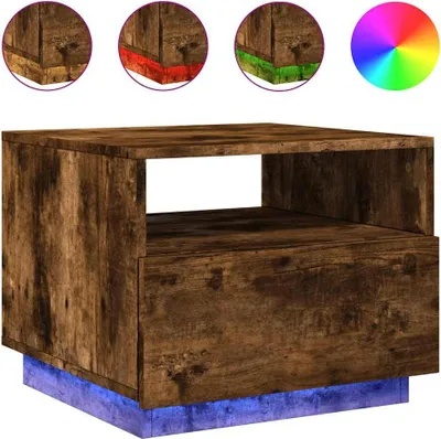 A wooden bedside table with LED lighting.