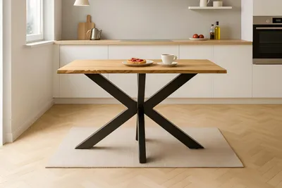 Produktbild von Esstisch Salvador | 160 x 85 cm | Eiche massiv + geölt | Baumkante | Spider-Gestell Metall Schwarz | pflegeleichter Esszimmertisch/Küchentisch/Eichenholz-Tisch/Holztisch aus Wildeiche