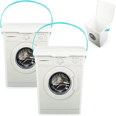 Two white storage boxes with turquoise handles, designed to resemble washing machines, are shown against a white background. A third, open box is visible in the upper right corner.