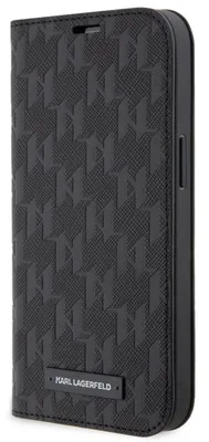 A black Karl Lagerfeld branded book-style phone case for an iPhone 14 Pro, shown from a side angle.