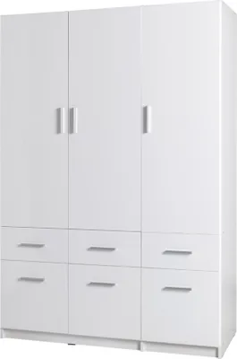 A white wardrobe with three doors and six drawers.