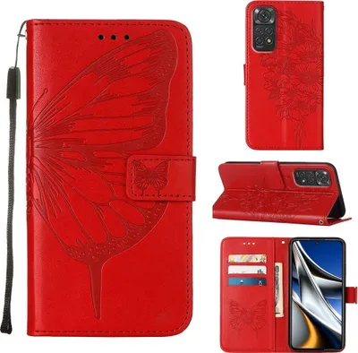 Image de Redmi Note 11S Housse, papillon gaufrage flip cuir porte-carte étui de protection en cuir avec support pour Xiaomi Redmi Note 11S / Note11 4G Rouge