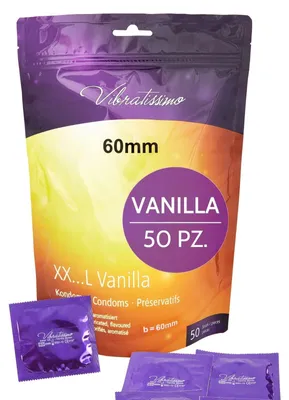 Obrázok produktu pre Kondómy VIBRATISSIMO XXL Vanilka 50 ks | Premium s príchuťou | s tenkou stenou a príchuťou | prirodzený pocit, jemné ako dych | b=60 mm