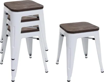 Productafbeelding van Krukken met Houten Zitting - Barkrukken Set - Extra Zitplaatsen - Stapelbaar Ontwerp - 45.5 cm Hoog - Wit Frame Donkerbruin