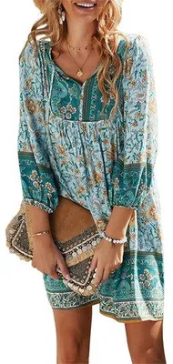Produktbild von Große Vintage Strandtunika für Frauen in Grün, Blumenmuster, bequem atmend, 1 Stück, Polyester.