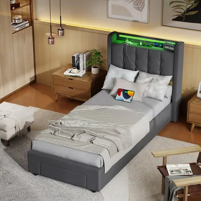 Produktbild von MODFU Polsterbett 90x200 Jugendbett mit LED-Licht und Steckdosen,Boxspringbett Bettgestell mit Schubladen und Bettkasten,Stauraumbett,Grau (ohne Matratze)