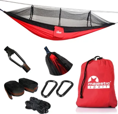 Zdjęcie produktu dla MAJESTIC SPORT hamak z moskitierą Łatwy do przenoszenia na wycieczki w góry w lesie Łatwy montaż Camping 260x140 cm Czarno-czerwony