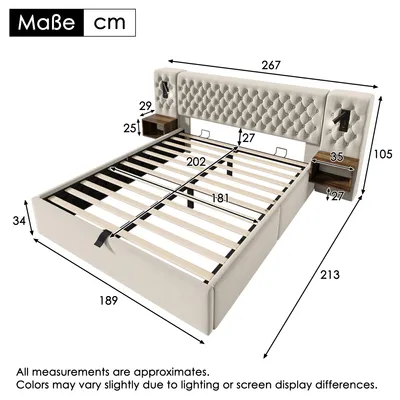 Productafbeelding van Bekleed bed 180 x 200 cm met 2 nachtkastjes, hydraulische bedbox, leeslamp, USB, Type-C, fluweel, beige