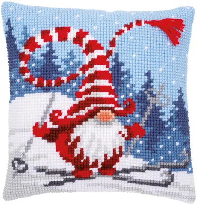 Produktbild von Vervaco Kreuzstichkissen "Weihnachtsgnom auf Ski II", Bild vorgezeichnet