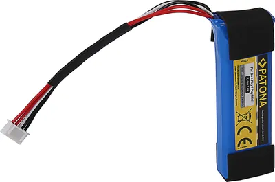A blue battery pack with a black cable and a white connector.