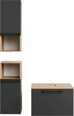 Three modular bathroom cabinets are displayed against a white background.