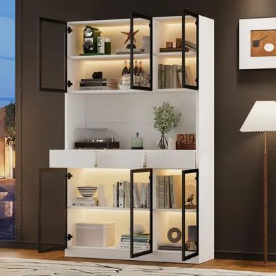 Image de OKWISH Vitrine Design avec Éclairage LED Réglable - Meuble de Salon avec 3 Tiroirs et 6 Portes en Verre Trempé, MDF, Blanc et Noir, 120×36×200 cm