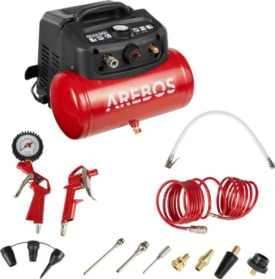 Produktbild von AREBOS 6L Druckluftkompressor Kompressor 1200W 8 bar 180 l/min Ansaugleistung | inkl. 13-tlg. Druckluft-Werkzeug-Set | Abschaltautomatik | ölfrei