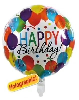 Produktbild von Folienballon Happy Birthday Luftballons holografisch, weiß, bunte Schrift, ca. 45 cm