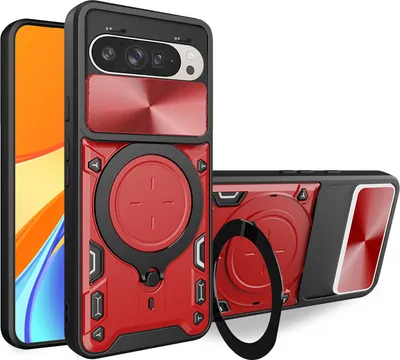 Produktbild von Handyhülle für Google Pixel 10 /Pixel 10 Pro Dual-Layer Stoßfest Rüstung Hülle mit Dia Kameraschutz und Kreisförmig Ring Ständer Rot