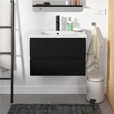 Image de Ensemble simple vasque SORRENTO 60cm avec plan céramique et robinet noir