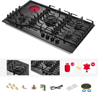 Produktbild von Gaskochfeld 4-flammig und 1 Glaskeramik Kochfeld, Gaskochfeld 90cm, LPG/NG, Kupfer- und Aluminium-Brennern, hitzebeständigem Glas, Autark